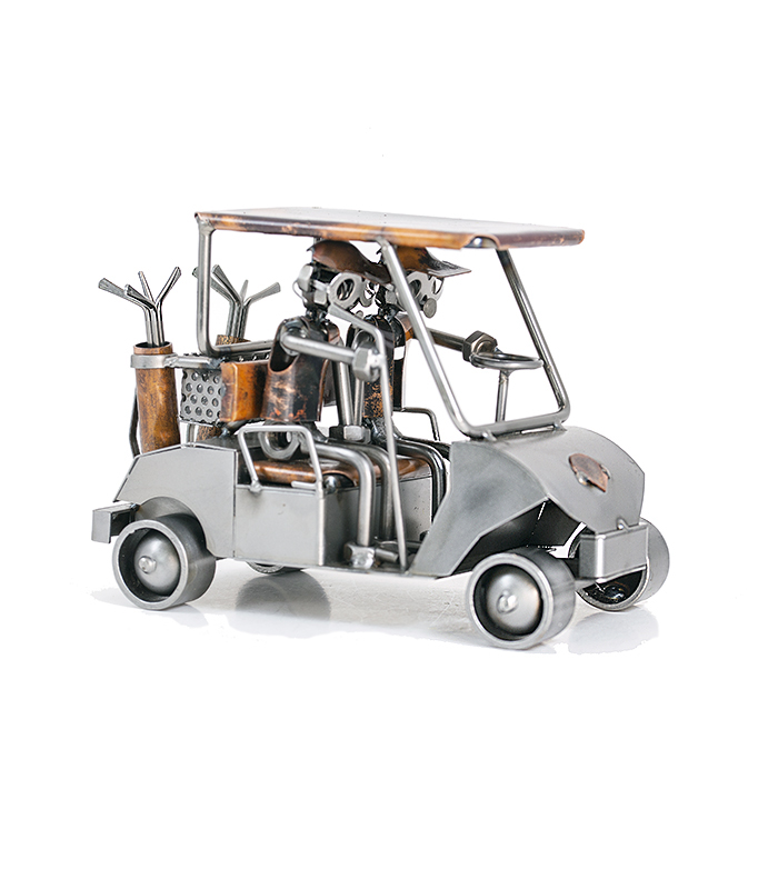 Golfbil med golfspillere. modelbil golf metalfigur, golffigurer og sportsfigurer her i vores gave webshop