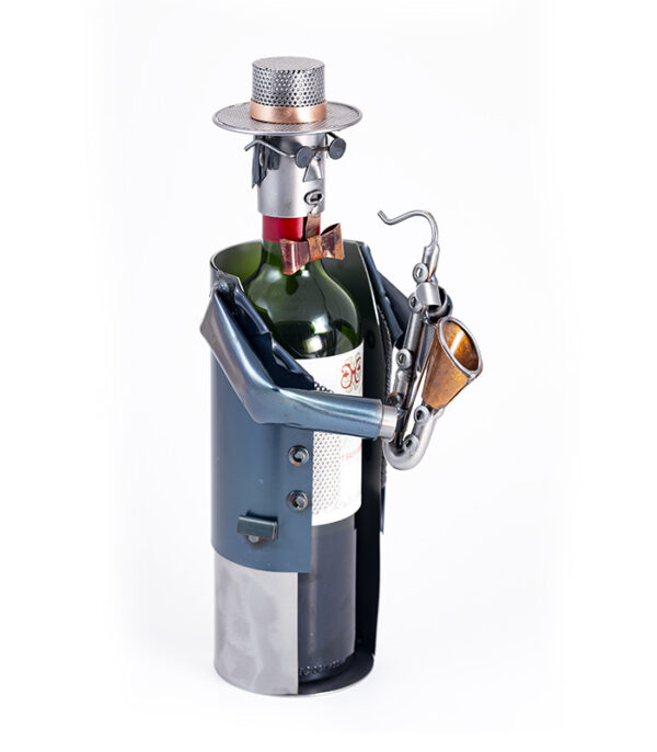 vinholder saxofonist metalfigur som gaveide til vin drikker eller musiker eller som deco i bar. sjove vinholdere