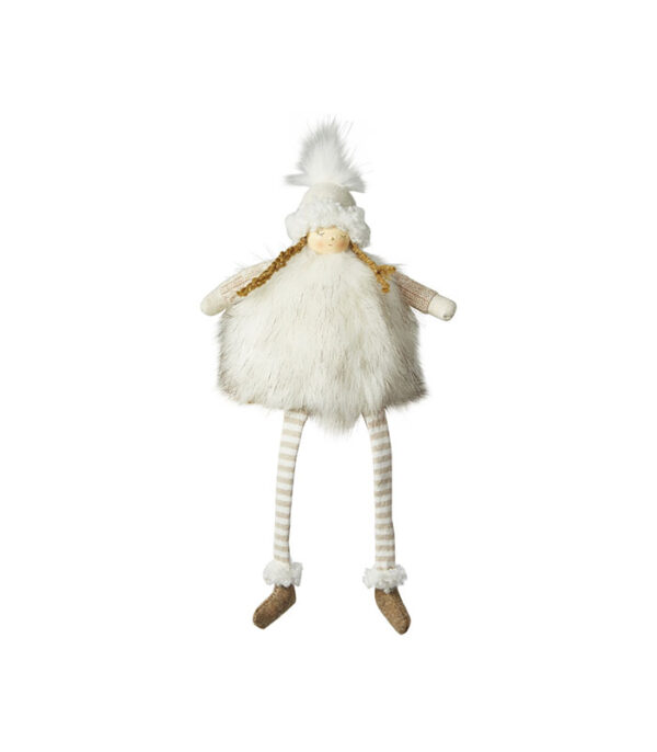Stof kvalitets julepige med fletninger 29 cm af stof, skind, pels filtet uld og hør i farverne hvid beige og brun. En flot deco vinter dukke. fra speedtsberg