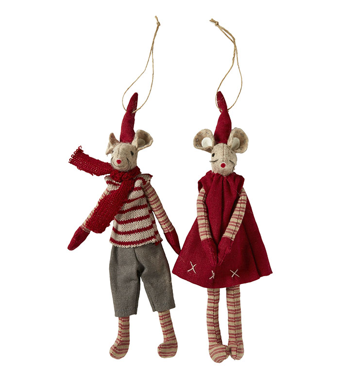 Hænge magnet jule mus par af stof 20 cm høje. Julepynt til køleskab, metaltavle eller ophæng i farverne rød og grå. med striber som juledeco. far speedtsberg