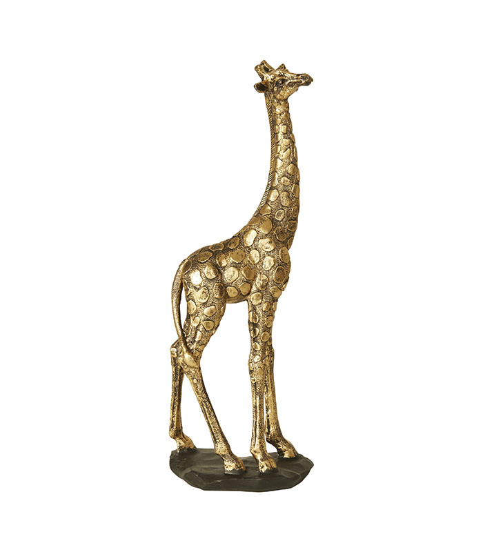 Majestætisk gylden giraf figur 35 cm. Flot giraf på fod i metallisk farve. En iøjnefaldende figur som deco pynt i to størrelser som ting til boligen. Boliginteriør med Speedtsberg figurer