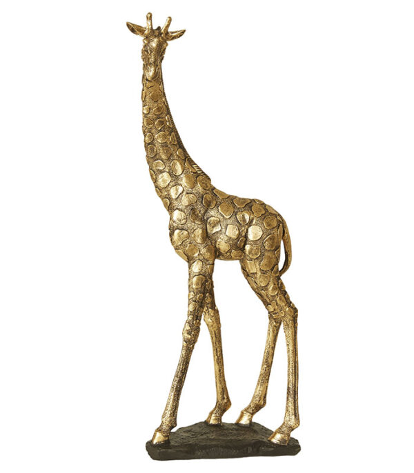 Majestætisk gylden giraf 46cm. Stor flot giraf på fod i metallisk farve. En eksklusiv figur som deco pynt til boligen. Fås i to størrelser.