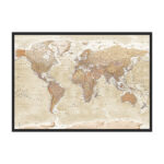 Lærredstryk sandfarvet pinboard verdenskort til væg indrammet i en sort træramme med et flot finish på blød træfiberplade.