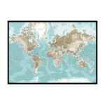 Lærredstryk vinter pinboard verdenskort til væg indrammet i sort ramme, monteret på en blød træfiberplade til påsætning af nålepinde.