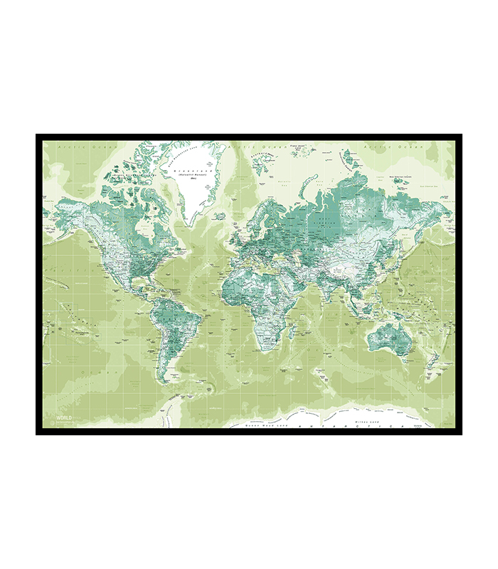Pinboard verdenskort grøn i sort træramme til væg monteret på en blød træfiberplade til påsætning af nålepinde. Fås i flere farver og 3 str. incado boliginteriør