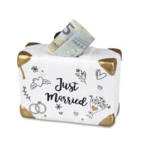Bryllupsgave "Just Married" Kuffert. Sparebøsse som gave til brudeparret