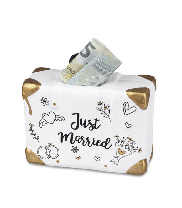 Bryllupsgave "Just Married" Kuffert. Sparebøsse som gave til brudeparret