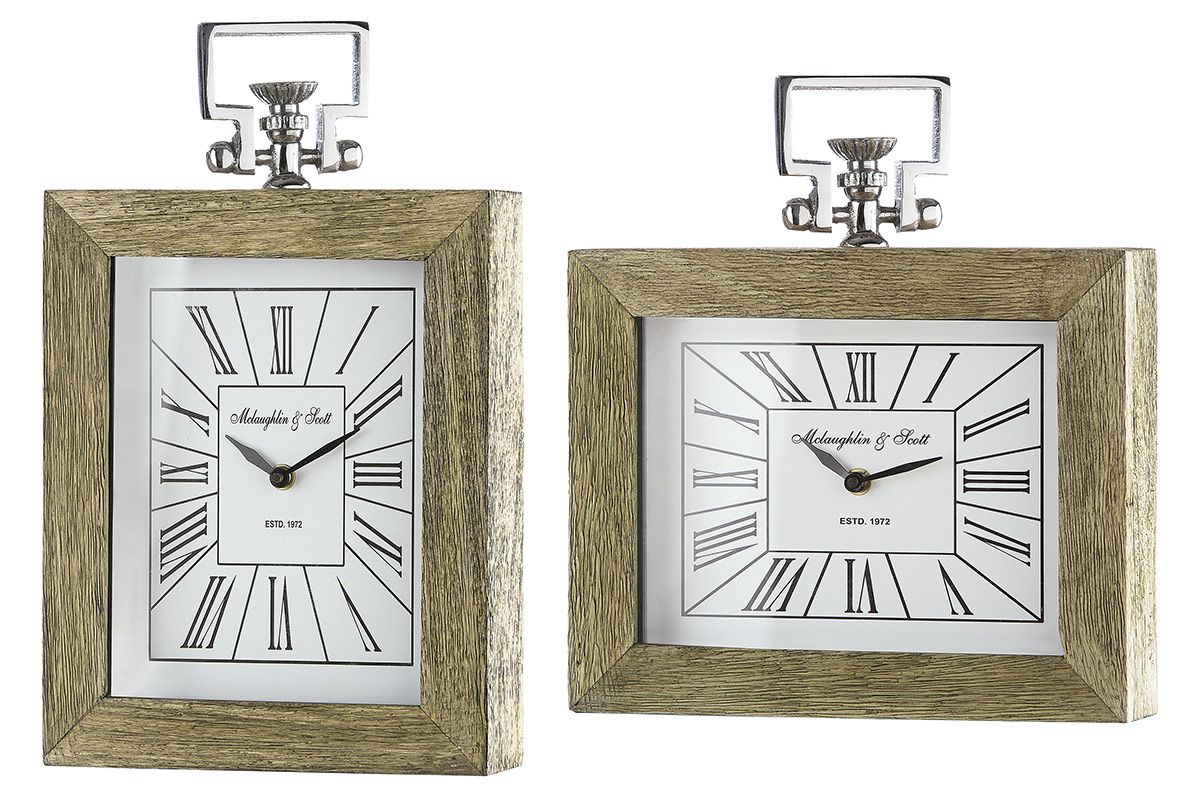 Ur af mangotræ i ramme som liggende eller stående med romertal til bord, gulv eller hylde