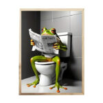 sjov frø læser avis på wc i ramme af træ 30 x 40 cm