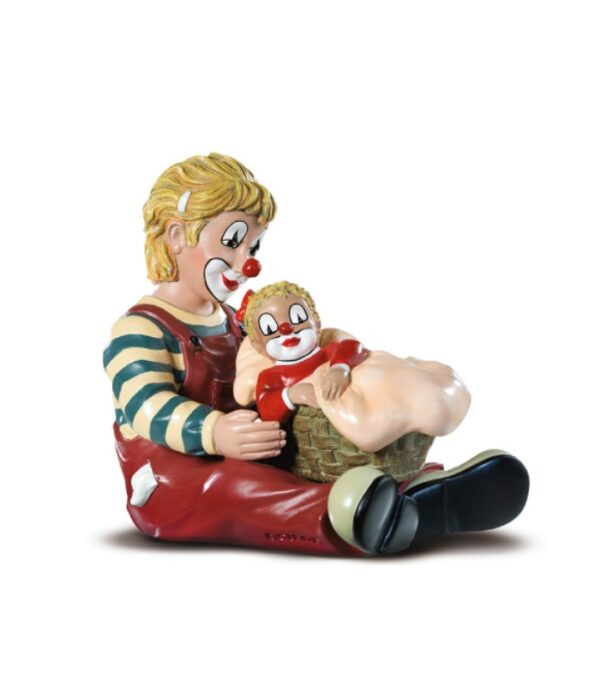 Håndmalet klovnefigur med lillebror i vugge - barselsgave som dåbsgave barselsgave babyshower gave navngivningsfest