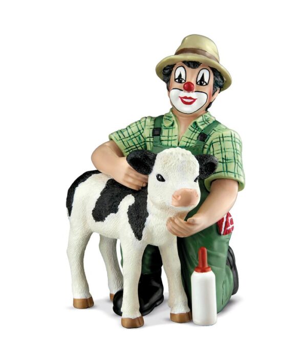 håndmalet klovnefigur bonde med kalv som gave til landmand
